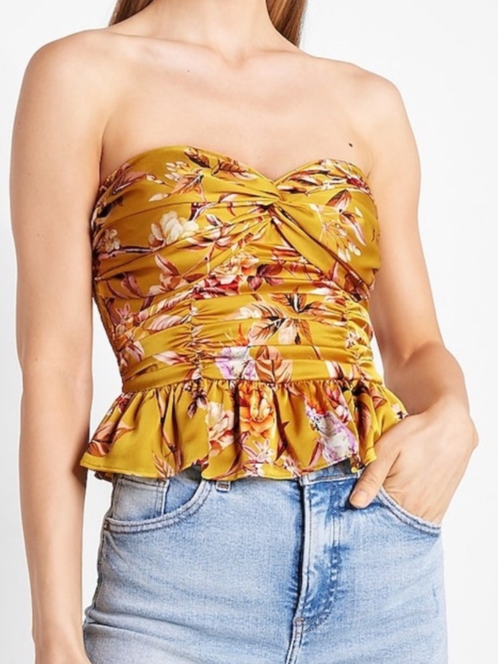Express Mustard Yellow Floral Off-Shoulder Top